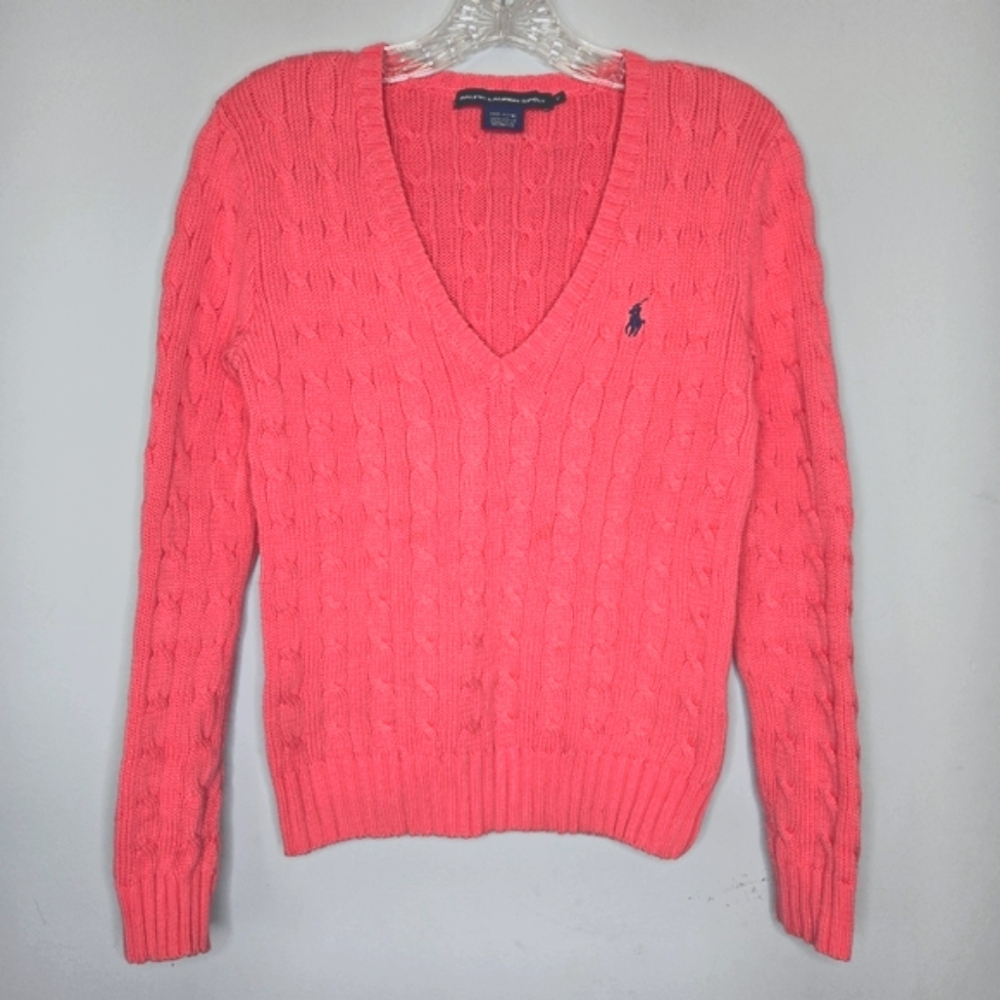 Ralph Lauren Sport Cable Knit V-Neck Sweater Coral Pink Medium Blue Pony Logo
